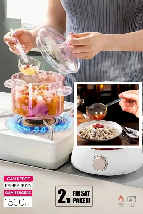 Cam Kepçeli Pembe Cam Tencere 1500cc Isıya Dayanıklı Borosilikat 2li Cam Set Termisil Ocak Üstü