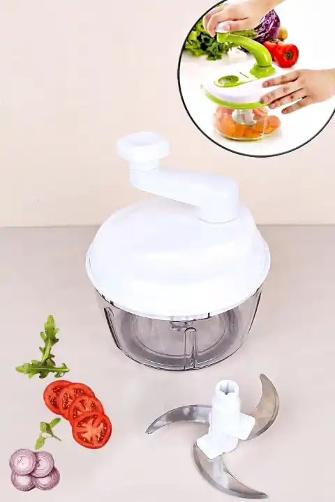 Çelik Bıçaklı Çevirmeli El Rondosu Hazneli Sebze Meyve Soğan Sarımsak Doğrayıcı Mutfak El Robotu
