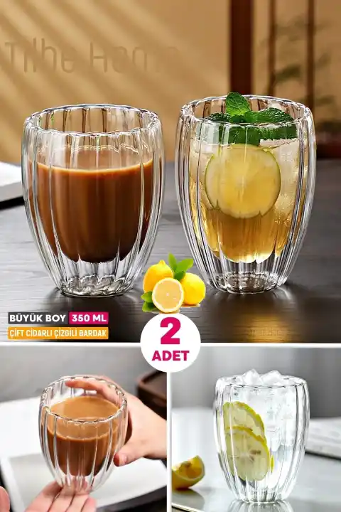 2li Çift Cidarlı Burgulu Kristal Cam Bardağı Çay Süt Kahve Kupası Sıcak & Soğuk İçecek Bardak Seti