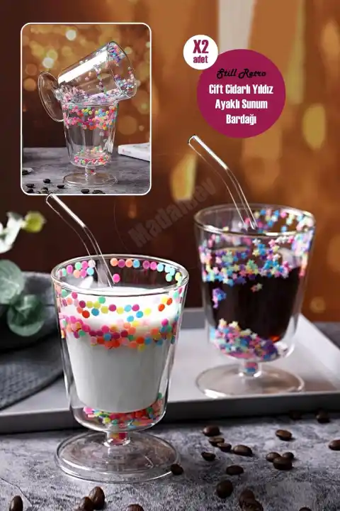 2li Çift Cidarlı Yıldızlı Ayaklı Retro Bardak Magnolya Sunum Kasesi ve Pipetli Kahve Bardağı 350ml