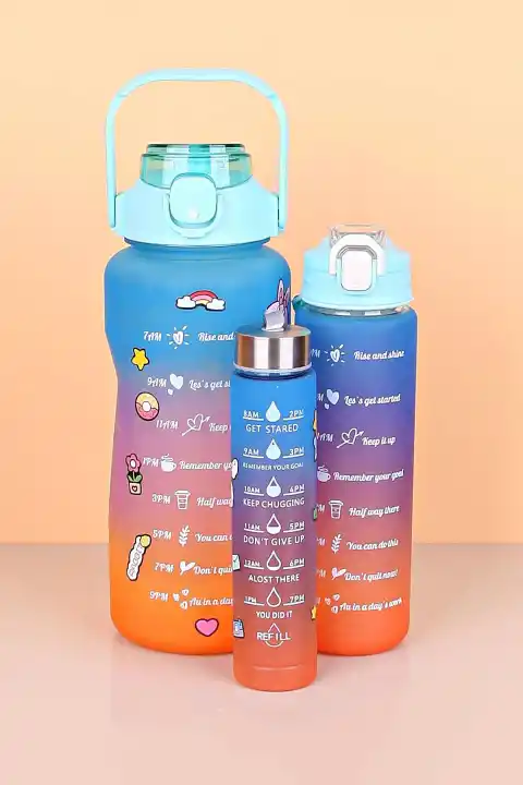 Colorful 3lü Motivasyon Suluk Matara Figürlü Pipetli Taşınabilir Su Şişesi Seyahat Spor Matarası