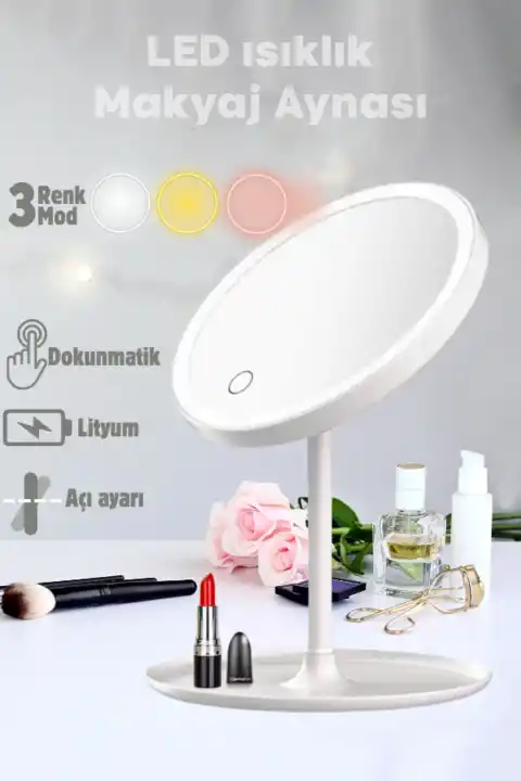 LED Işıklı Dokunmatik USB Masaüstü Yuvarlak Makyaj Aynası 3 Renkli Işıklı Ayarlanabilir Still Ayna