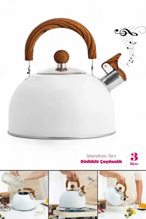 3 Litre Düdüklü Çaydanlık İskandinav Ahşap Su Isıtıcı Islık Çalan Çaydanlık Kettle Demlik Çay Potu