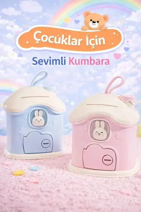 2li Büyük Boy Kawai Ev Tasarımlı Kilitli Çocuk Kumbarası Sevimli Bacalı Ev Kumbara Sticker Hediye