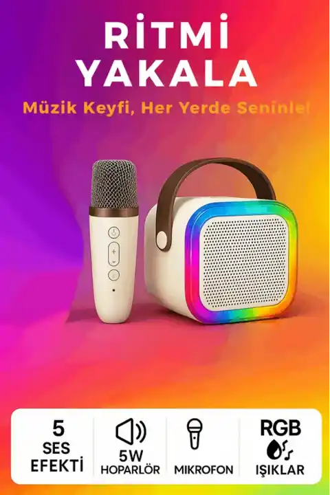 K12 Kablosuz Bluetooth Hoparlör ve Karaoke Mikrofon 5 Ses Efekti RGB HD Ses Bombası USB SD FM Radyo