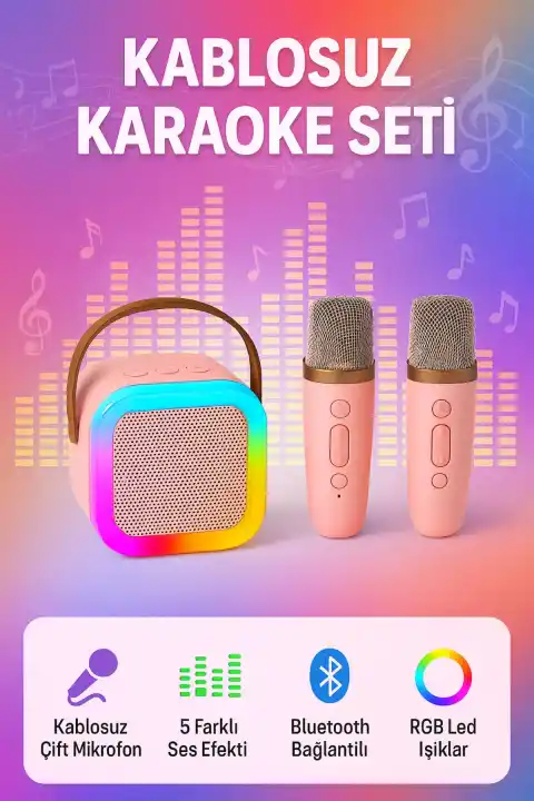 Kablosuz Bluetooth Hoparlör ve Karaoke 2 Mikrofon 5 Ses Efekti RGB HD Ses Bombası USB SD FM Radyo