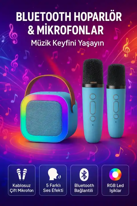 Kablosuz Bluetooth Hoparlör ve Karaoke 2 Mikrofon 5 Ses Efekti, RGB Işık, HD Ses Bombası, USB SD FM Radyo