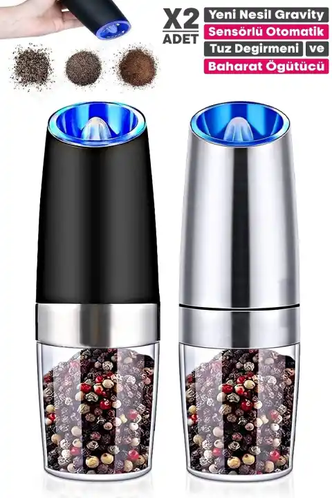 Otomatik Karabiber Tuz Değirmeni Seramik Bıçaklı Baharat Öğütücü LED Işık İndüksiyon Tuzluk Seti