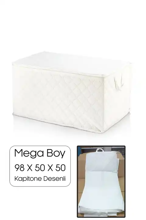 Mega Boy Kapitone Desenli Beyaz Yorgan Hurcu 98X50X50cm Baza Altı Fermuarlı Yastık Battaniye Hurcu