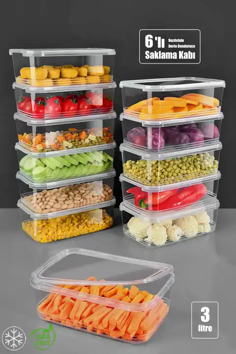 6 Adet Sızdırmaz Kapaklı Derin Dondurucuya Uygun Saklama Kabı Düzenleyici Erzak Kabı Organizer 3 Lt