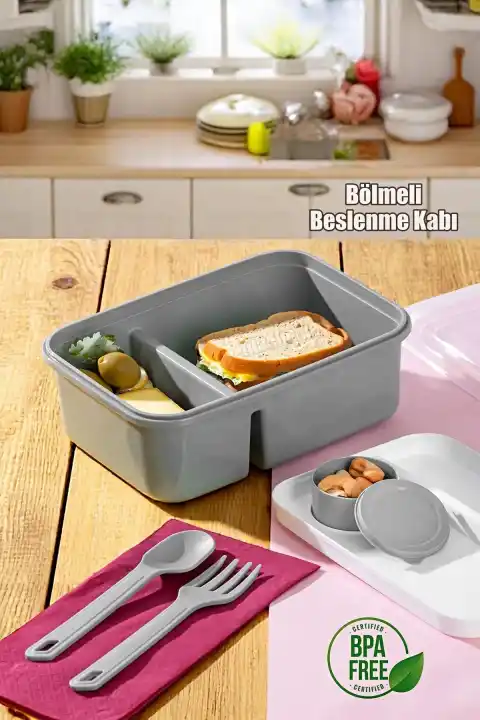 Kendinden Kaşık Çatallı Sosluklu Bölmeli Beslenme Kabı - Taşınabilir Lunch Box Color