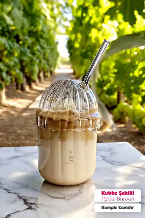 Kubbe Şekilli Oval Cam Kapaklı Isıya Dayanıklı Pinterest Çizgili Bardak Kahve Sunum Bardağı 430ml