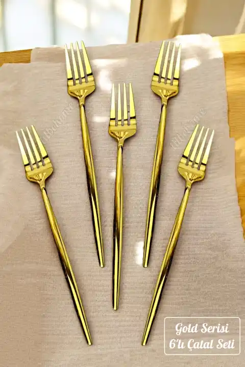Lüx 6 Parça Gold Çatal Seti Paslanmaz Çelik Çeyiz Çatal Takımı Parlak Pürüzsüz Gold Series