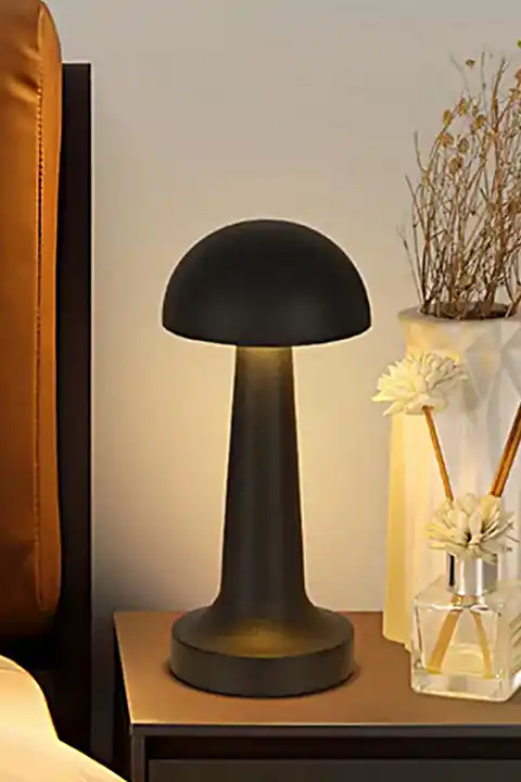Mantar Model Retro Masa Lambası Siyah Dimmerli Şarjlı Dekoratif Masaüstü Dekoratif Mantar Lamba
