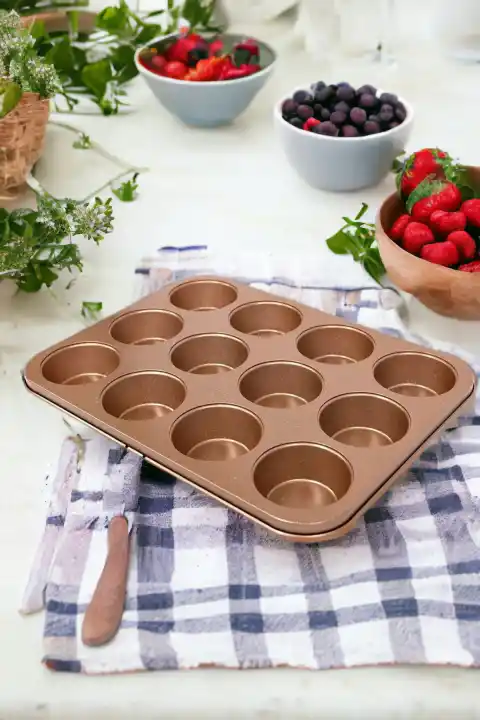 Muffin Kalıbı 12li Kek Kurabiye Cupcake Muffin Kalıbı Fırın Kapsül Tepsi Granit Kaplama Rise Gold