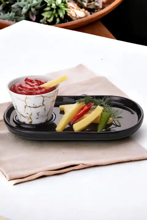 Oval Sunum Tabağı Konik Sosluk Desenli Sunumluk Sosluk 2li Set