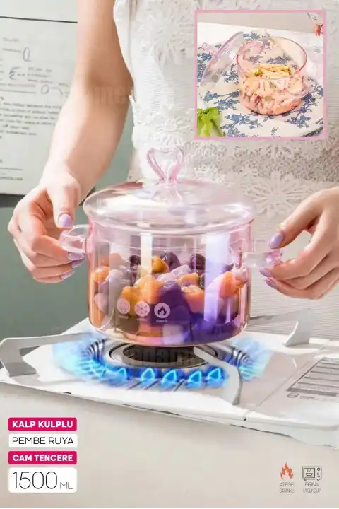 Pembe Kalp Figürlü Cam Tencere Isıya Dayanıklı Borosilikat Termisil Ocak Üstü Kulplu 1500 ml