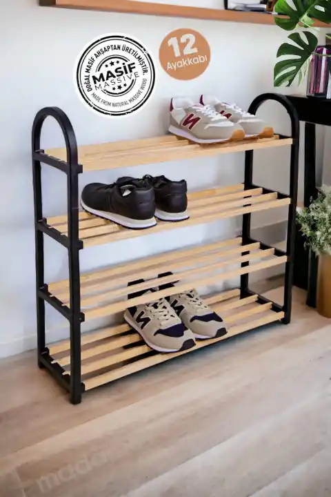 4 Katlı Masif Ahşap Çubuklu Ayakkabılık Büyük Boy Deko Ev Ofis Organizer Raf Ünitesi