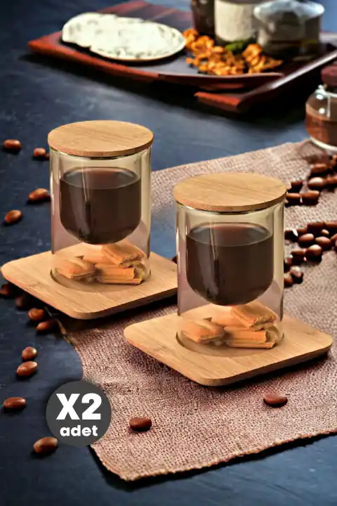 2li Bambu Sunum Tabaklı Çift Cidarlı Cam Bardak Bambu Kapaklı Still Kahve Sunum Bardak 200 ml.