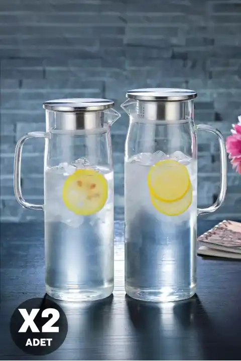 2li Retro Cam Sürahi Kulplu Çelik Kapaklı Soğuk Sıcak Kokteyl Meşrubat Cam Sürahisi 1500 ml Seti