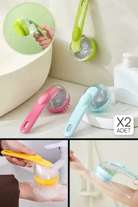 2li Şampuan Hazneli Duş Saç Fırçası Yumuşak Silikon Dişli Tarak Vücut Bakım Masaj Kedi Tarağı