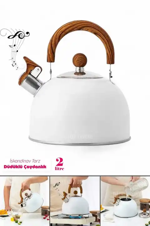 Düdüklü Çaydanlık İskandinav Ahşap Su Isıtıcı Islık Çalan Çaydanlık Kettle Demlik Çay Potu 2 Litre