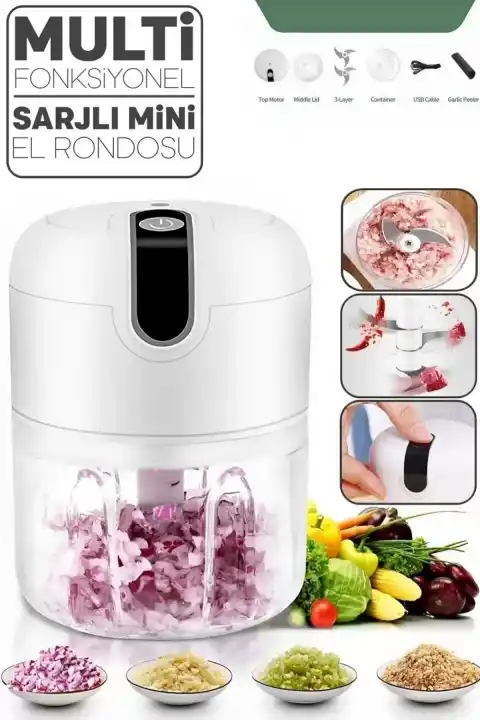 Şarjlı Mini El Rondosu Çelik 3 Bıçaklı 250 Ml Mutfak Robotu Hazneli Rondo Sebze Et Doğrayıcı Rende