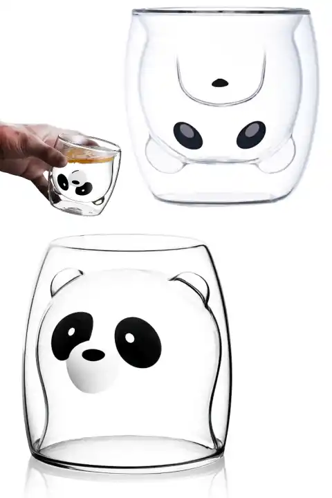 Sevimli Panda Çift Cidarlı Bardak Süt Çay Kahve Su Bardağı 250ml Isı Yalıtımlı Kupa Bardak