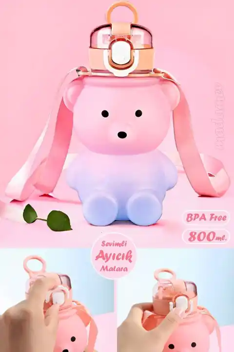 Smile Ayıcık Model Su Matarası 800 ml Askılı Çocuk Okul Su Şişesi Sızdırmaz Kapaklı Ergonomik Suluk