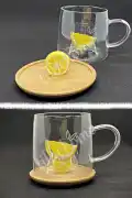 Bambu Kapaklı Limon Meyve Figürlü Cam Bardak Baskılı Meşrubat Kupası Termisil Çay Bardağı 280 ml. - Görsel 3