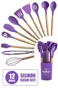 12Parça Silikon Kepçe Kevgir Spatula Kaşık Fırça Çırpıcı Servis Maşa Seti Bambu Mor Mutfak Takımı - Görsel 1