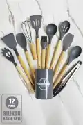 12Parça Silikon Kevgir Kepçe Çırpıcı Kaşık Spatula Maşa Servis Seti Bambu Saplı Gri Mutfak Takımı - Görsel 1