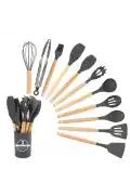 12Parça Silikon Kevgir Kepçe Çırpıcı Kaşık Spatula Maşa Servis Seti Bambu Saplı Gri Mutfak Takımı - Görsel 2