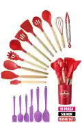 18Parça Silikon Kevgir Kepçe Kaşık Fırça Spatula Çırpıcı Maşa Servis Seti Bambu Saplı Mutfak Takımı - Görsel 1