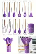 12Parça Silikon Kepçe Kevgir Spatula Kaşık Fırça Çırpıcı Servis Maşa Seti Bambu Mor Mutfak Takımı - Görsel 2