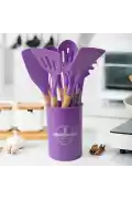 12Parça Silikon Kepçe Kevgir Spatula Kaşık Fırça Çırpıcı Servis Maşa Seti Bambu Mor Mutfak Takımı - Görsel 3