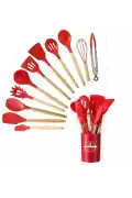 12'li Silikon Kevgir Kepçe Kaşık Fırça Spatula Çırpıcı Maşa Servis Seti Bambu Kırmızı Mutfak Takımı - Görsel 6