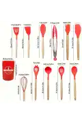 12'li Silikon Kevgir Kepçe Kaşık Fırça Spatula Çırpıcı Maşa Servis Seti Bambu Kırmızı Mutfak Takımı - Görsel 4