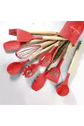 12'li Silikon Kevgir Kepçe Kaşık Fırça Spatula Çırpıcı Maşa Servis Seti Bambu Kırmızı Mutfak Takımı - Görsel 5