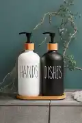 2’li Hands Dishes Siyah Beyaz Dekoratif Mutfak Banyo Sıvı Cam Sabunluk Seti 500ml Bambu Stantlı Set - Görsel 1