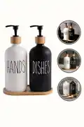 2’li Hands Dishes Siyah Beyaz Dekoratif Mutfak Banyo Sıvı Cam Sabunluk Seti 500ml Bambu Stantlı Set - Görsel 4