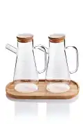 Bambu Kapaklı Cam Yağdanlık Vakumlu Ahşap Stantlı Sirkelik Zeytinyağı Şişesi Yağlık 900 ml 3'lü Set - Görsel 2