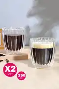 2'li Çift Cidarlı Isıya Dayanıklı Cam Bardak Sıcak Soğuk Çizgili Çay Süt Kahve Kupası Bardağı 250ml - Görsel 1