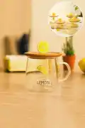 Bambu Kapaklı Limon Meyve Figürlü Cam Bardak Baskılı Meşrubat Kupası Termisil Çay Bardağı 280 ml. - Görsel 1