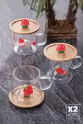 2li Bambu Kapaklı Çilek Meyve Figürlü Cam Bardak Baskılı Meşrubat Kupası Çay Bardağı 280 ml. - Görsel 1