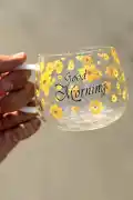 Good Morning Çiçekli Kupa Cam Bardak Isıya Dayanıklı Kulplu Kahve Sunum Kahvaltı Süt Bardağı - Görsel 1