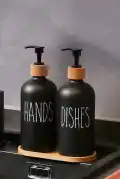 2’li Hands Dishes Soft Siyah Dekoratif Mutfak Banyo Sıvı Cam Sabunluk Seti 500ml Bambu Stantlı Set - Görsel 5