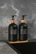 2’li Hands Dishes Soft Siyah Dekoratif Mutfak Banyo Sıvı Cam Sabunluk Seti 500ml Bambu Stantlı Set - Görsel 6
