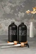 2’li Hands Dishes Soft Siyah Dekoratif Mutfak Banyo Sıvı Cam Sabunluk Seti 500ml Bambu Stantlı Set - Görsel 2