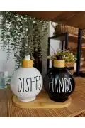 2’li Hands Dishes Siyah Beyaz Dekoratif Mutfak Banyo Sıvı Cam Sabunluk Seti 550ml Bambu Stantlı Set - Görsel 2